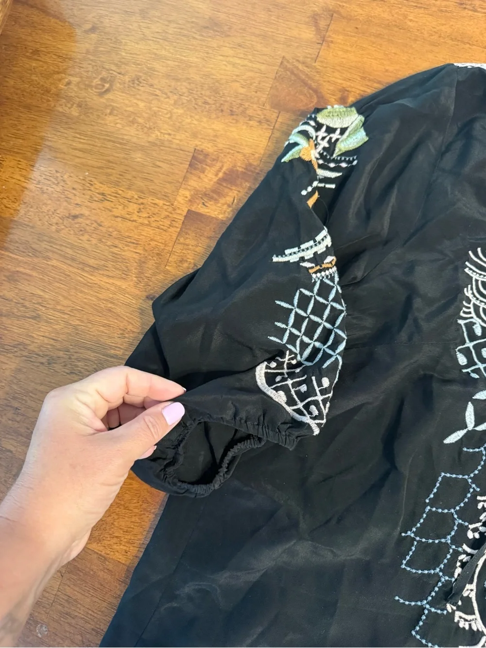 Johnny Was 2X Bassett Embroidered Silk Blouse Black Boho Peasant Top